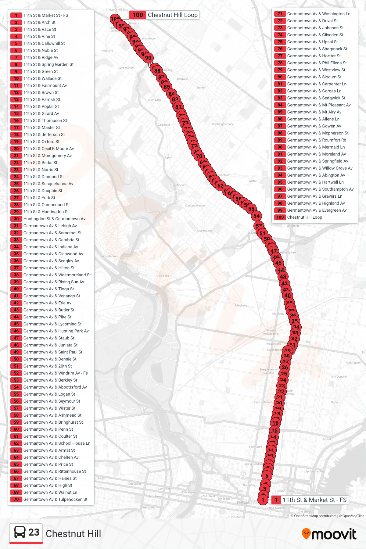 23 bus Line (Chestnut Hill) route and stops on a map