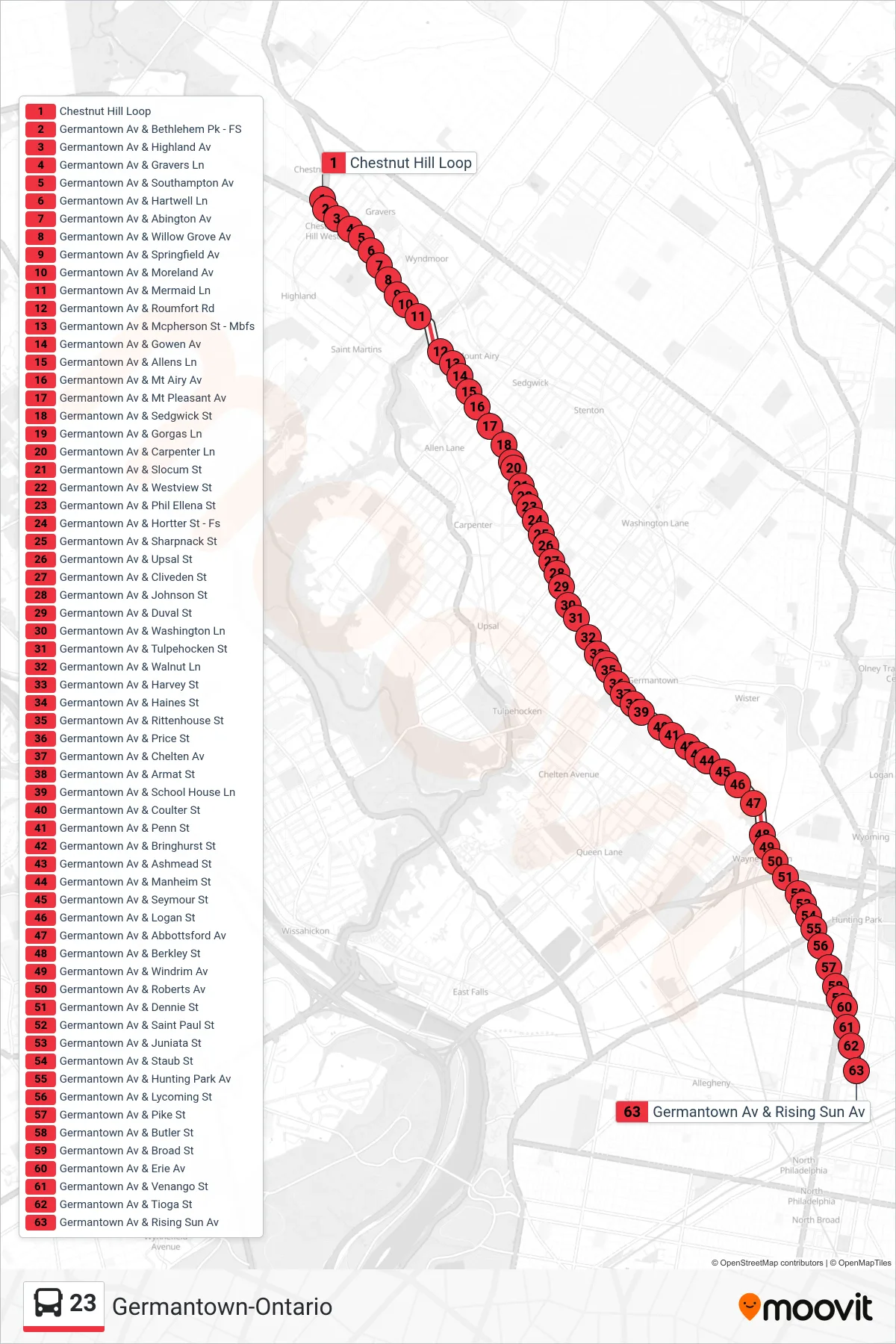 23 bus Line (Germantown-Ontario) route and stops on a map