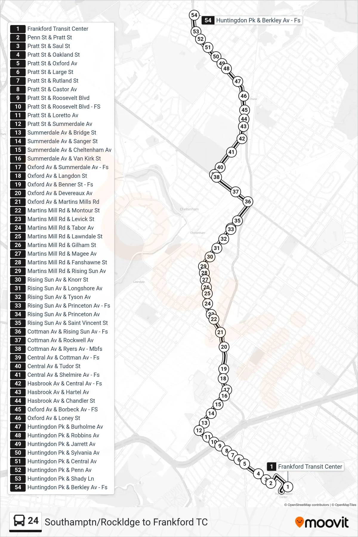 24 bus Line (Fox Chase) route and stops on a map