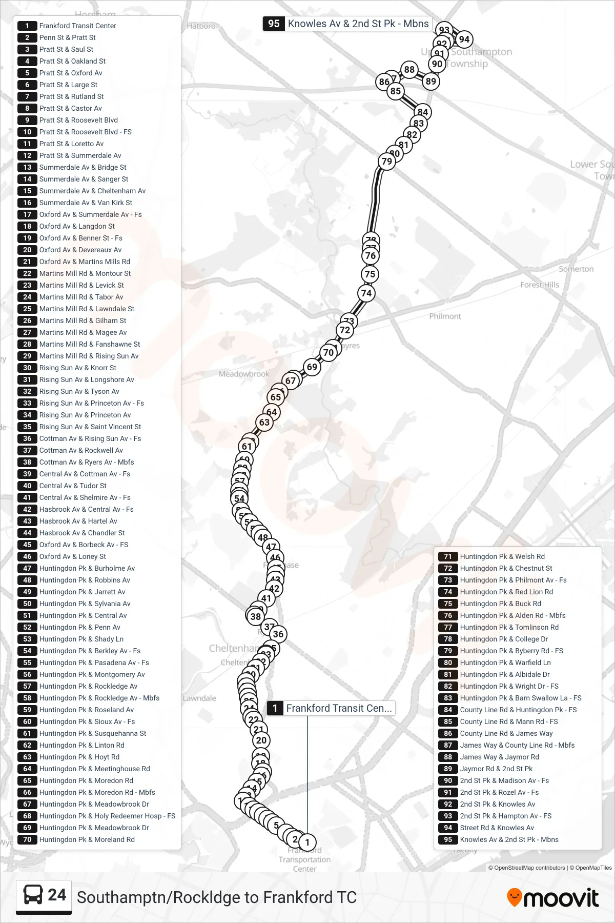24 bus Line (Southampton) route and stops on a map