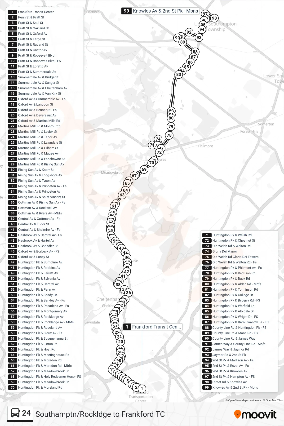 24 bus Line (Southampton Via Gloria Dei) route and stops on a map