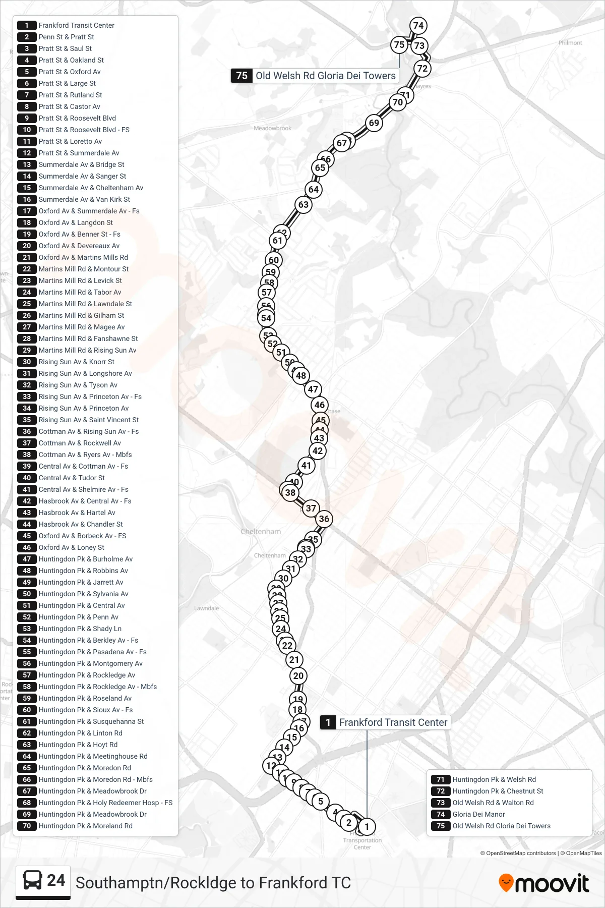 24 bus Line (Gloria Dei Bethayres) route and stops on a map