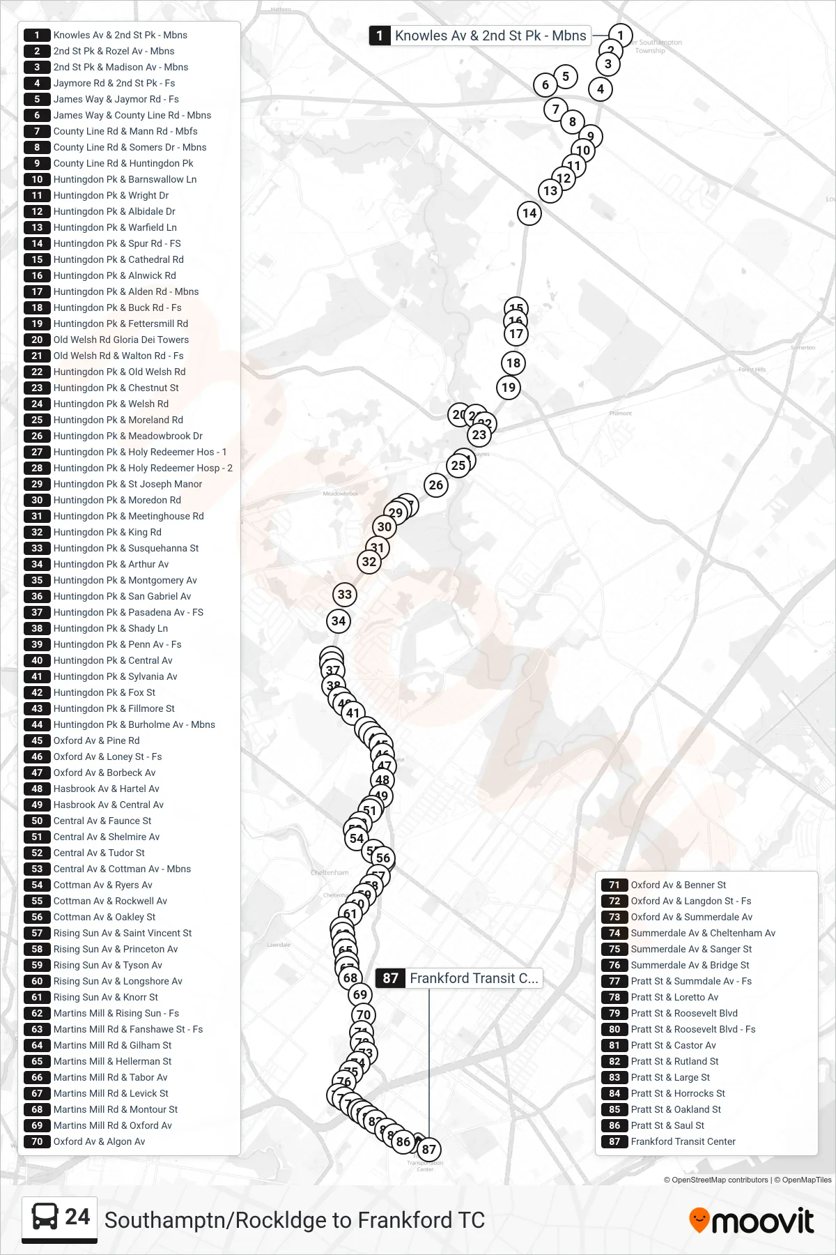 24 bus Line (Frankford Transit Center) route and stops on a map