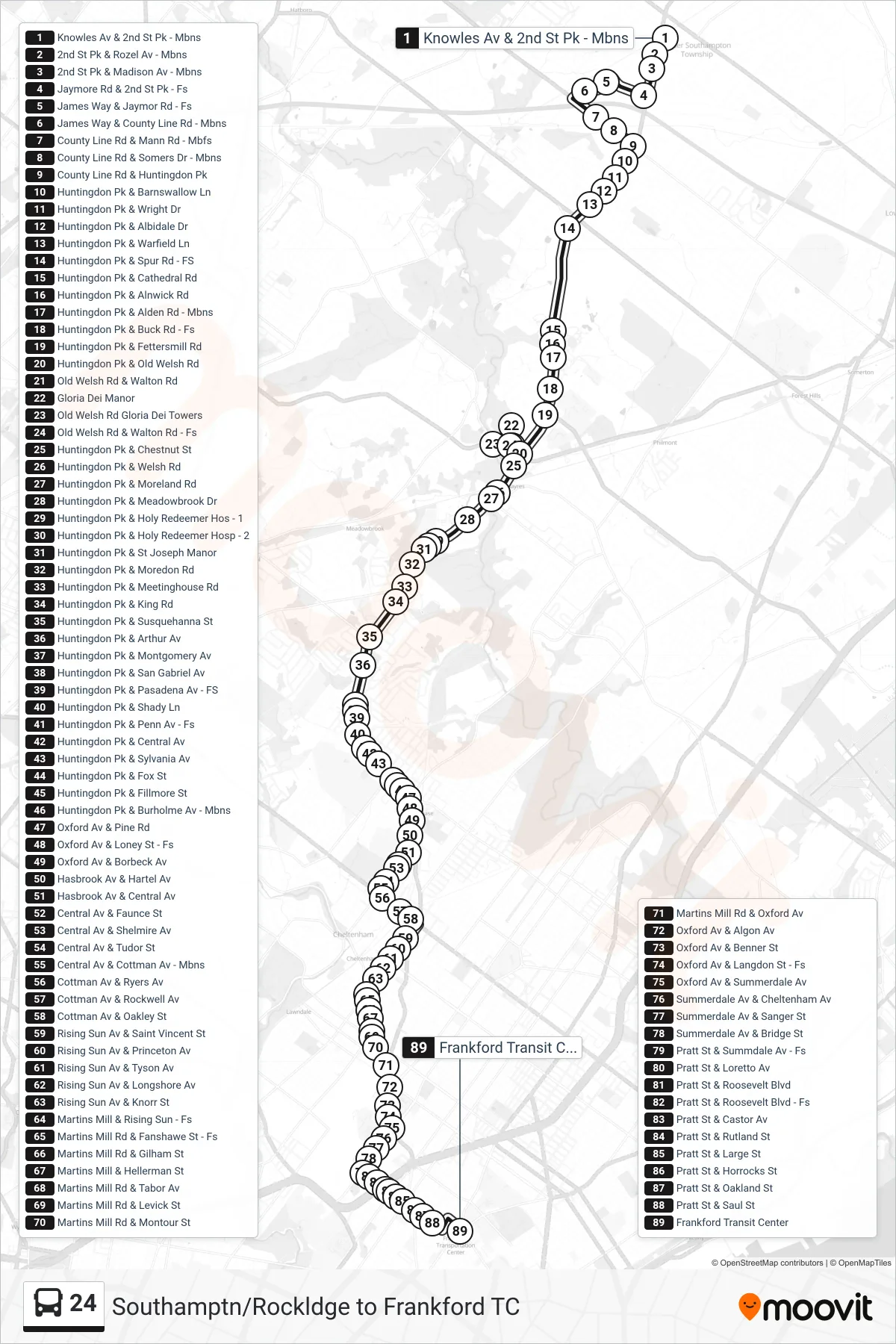 24 bus Line (Frankford Transit Center Via Gloria Dei) route and stops on a map