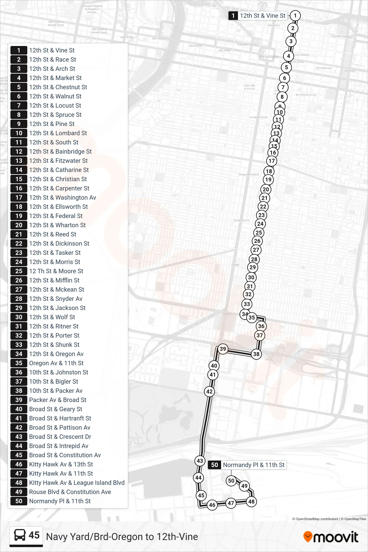 45 bus Line (Navy Yard) route and stops on a map