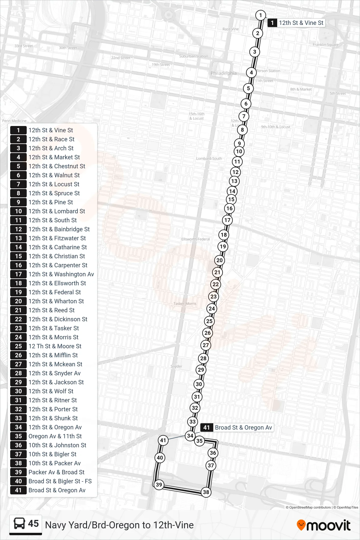 45 bus Line (Broad-Oregon) route and stops on a map