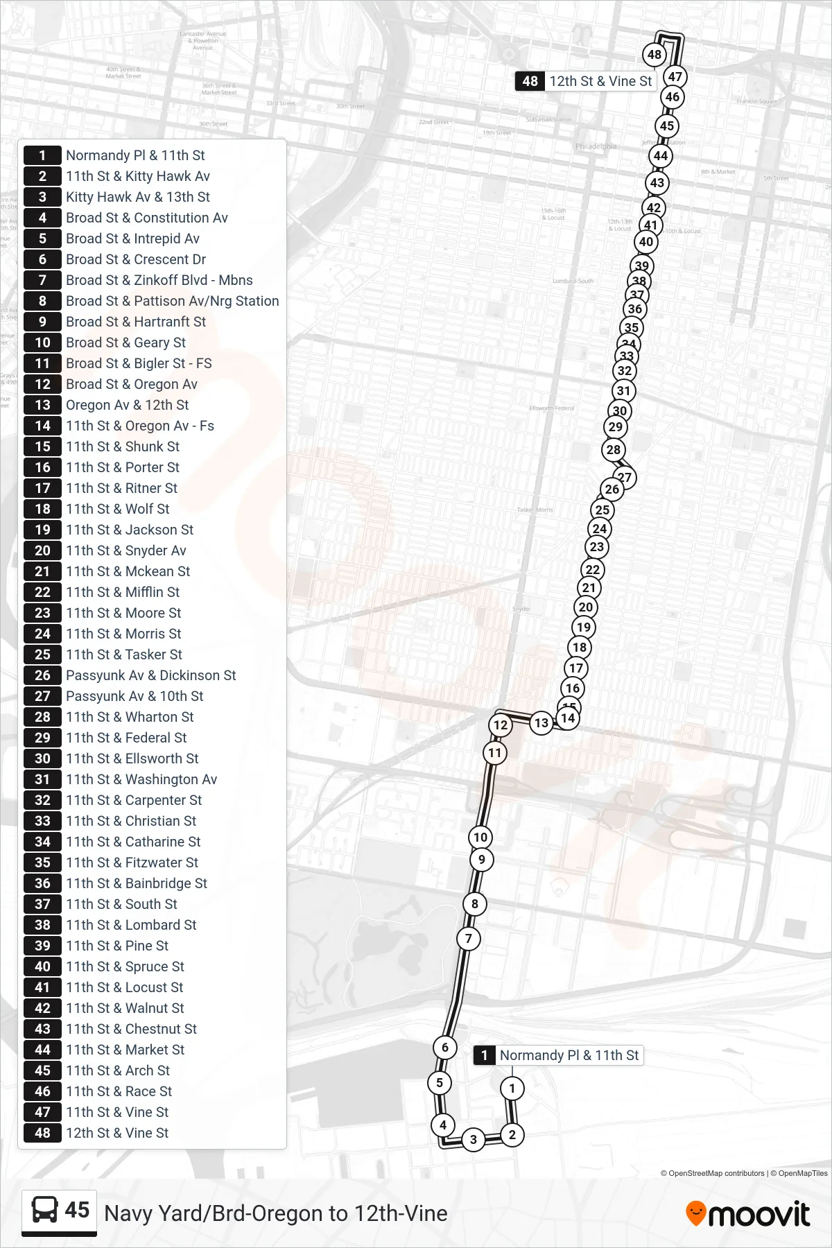 45 bus Line (12th-Vine) route and stops on a map
