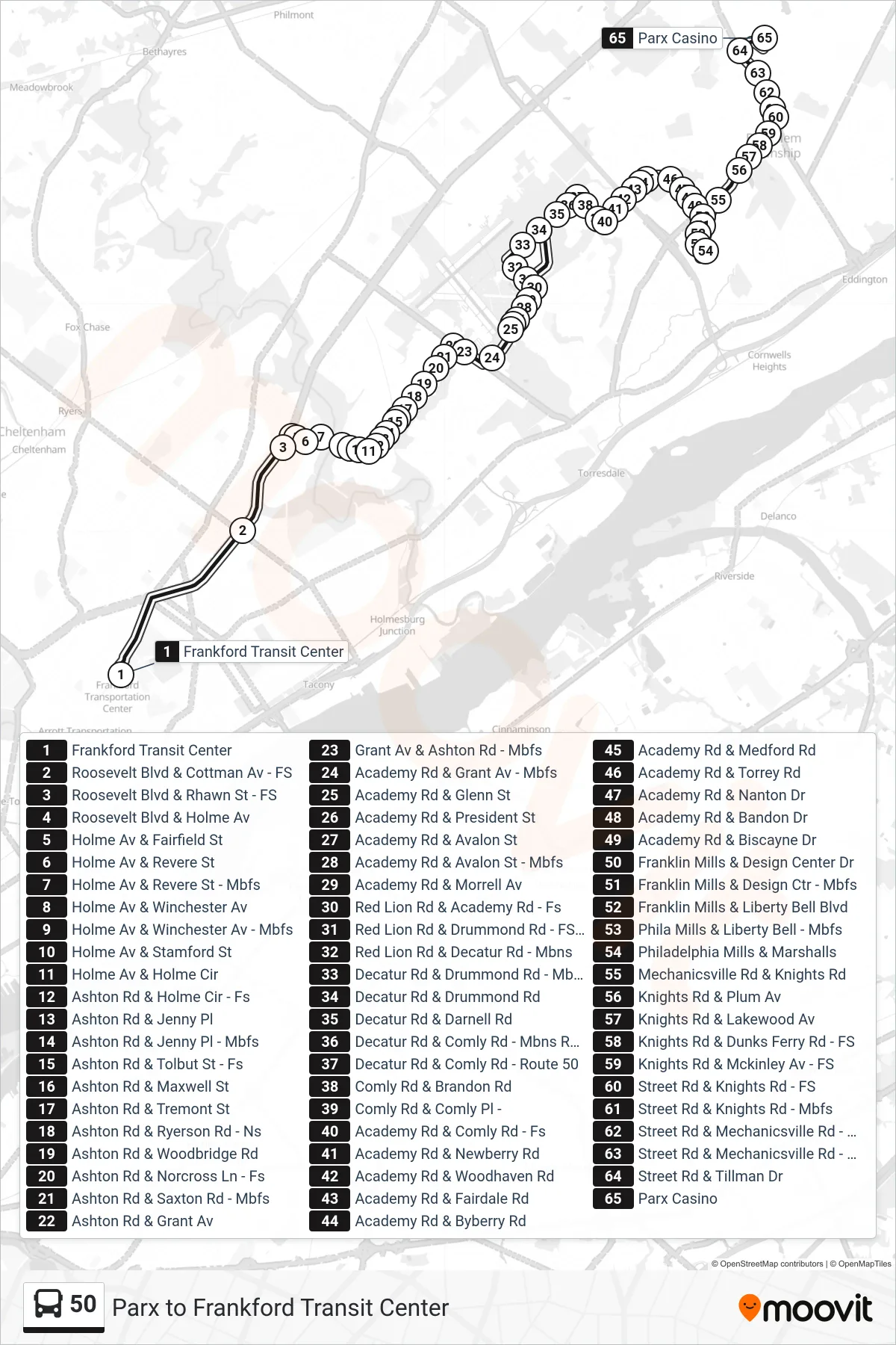 50 bus Line (Parx Casino Via Philadelphia Mills) route and stops on a map