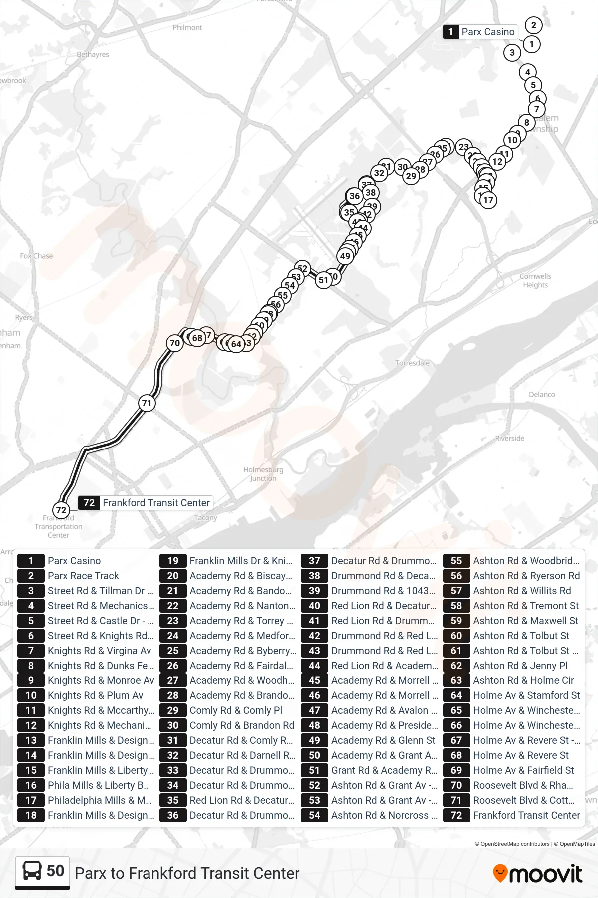 50 bus Line (Frankford Transit Center) route and stops on a map