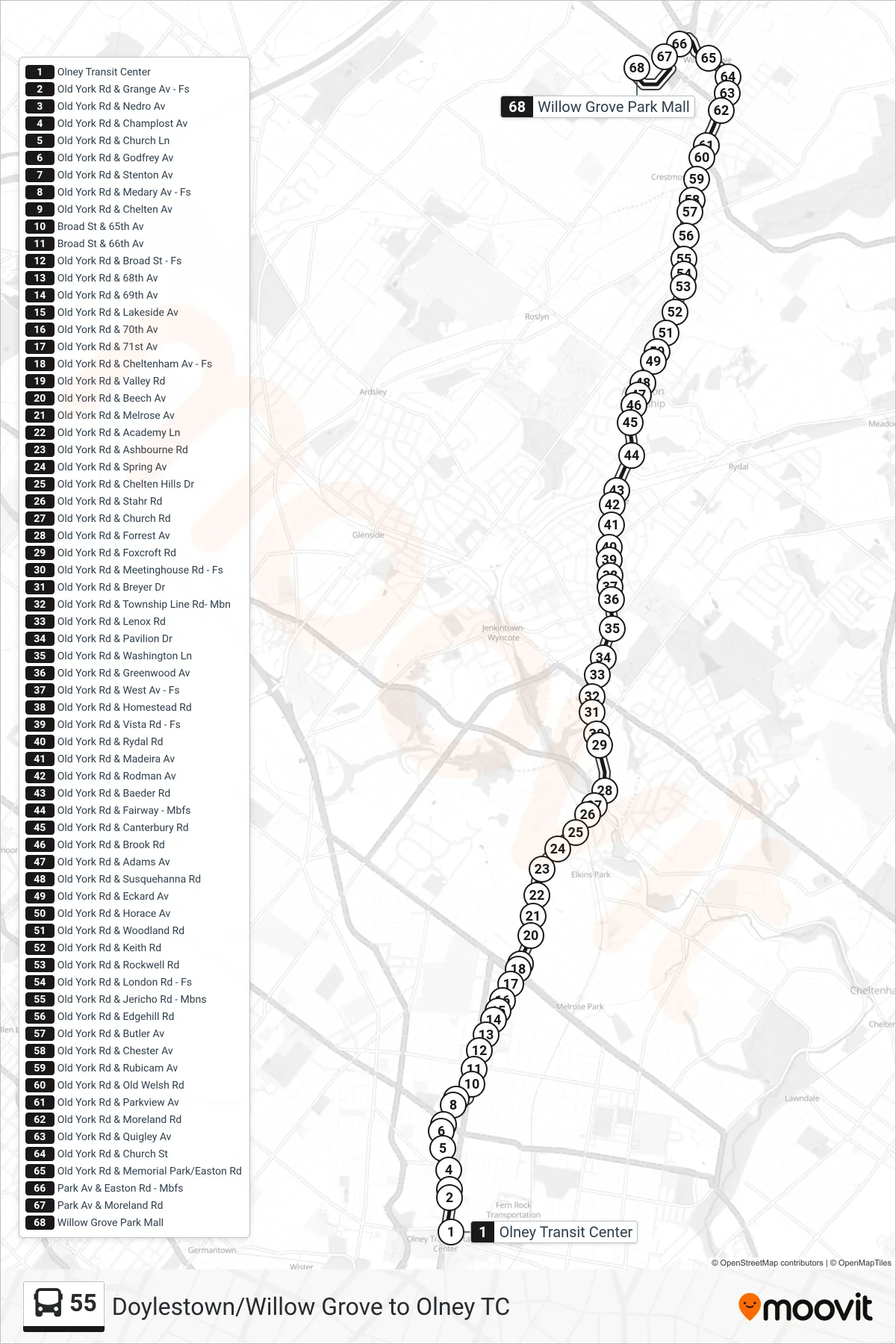 55 bus Line (Willow Grove) route and stops on a map