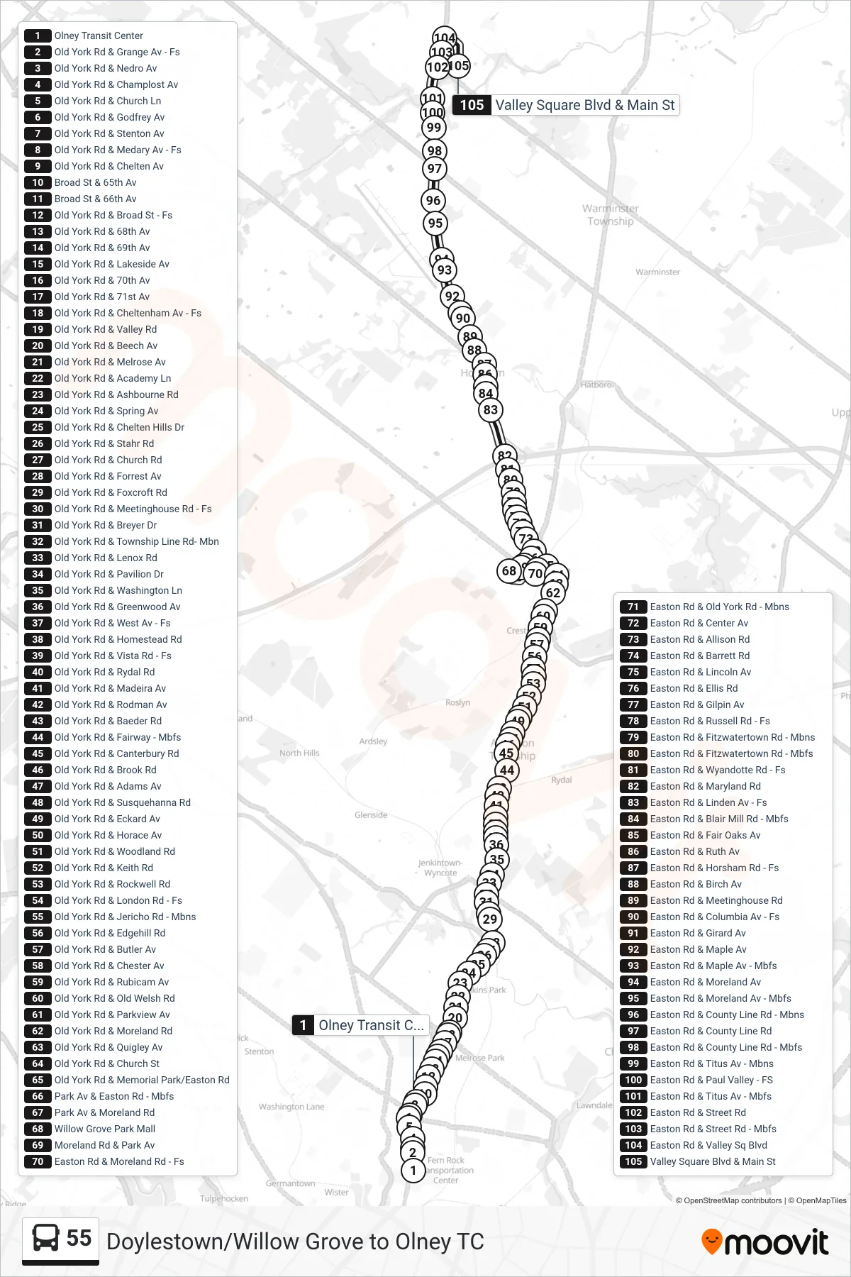 55 bus Line (Street Rd-Easton) route and stops on a map