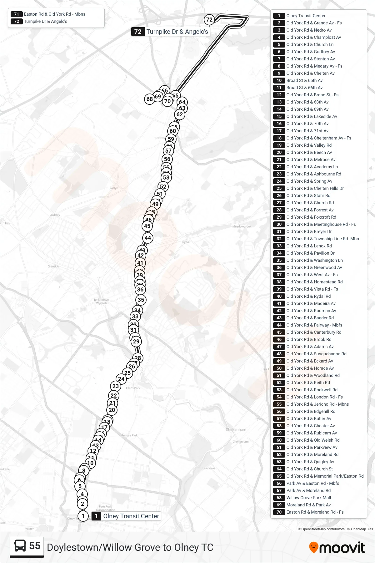 55 bus Line (Willow Grove Commons) route and stops on a map