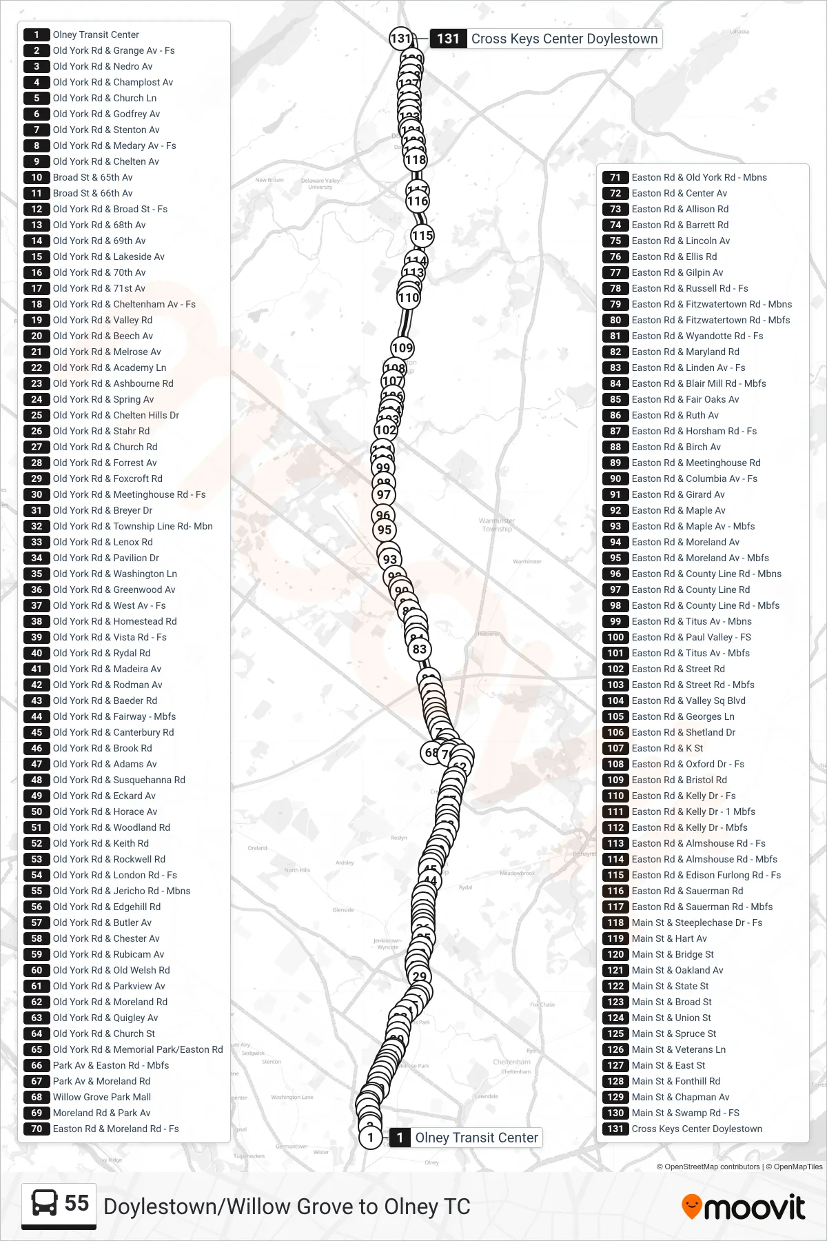 55 bus Line (Cross Keys Via Doylestown) route and stops on a map