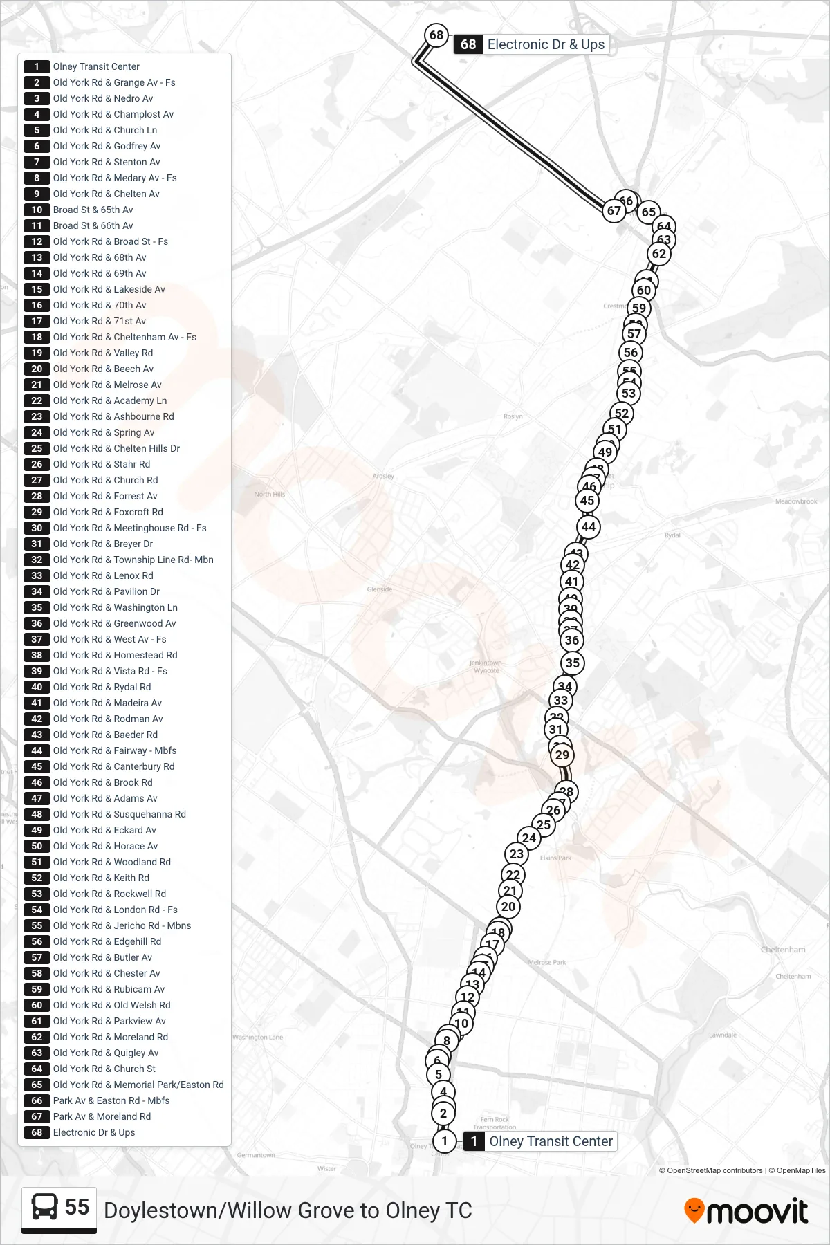 55 bus Line (Willow Grove Ups) route and stops on a map