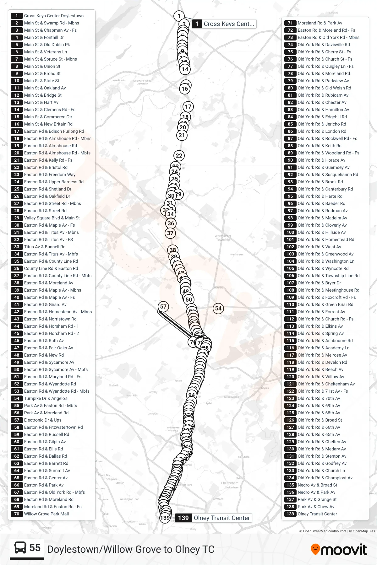 55 bus Line (Olney Transit Center) route and stops on a map