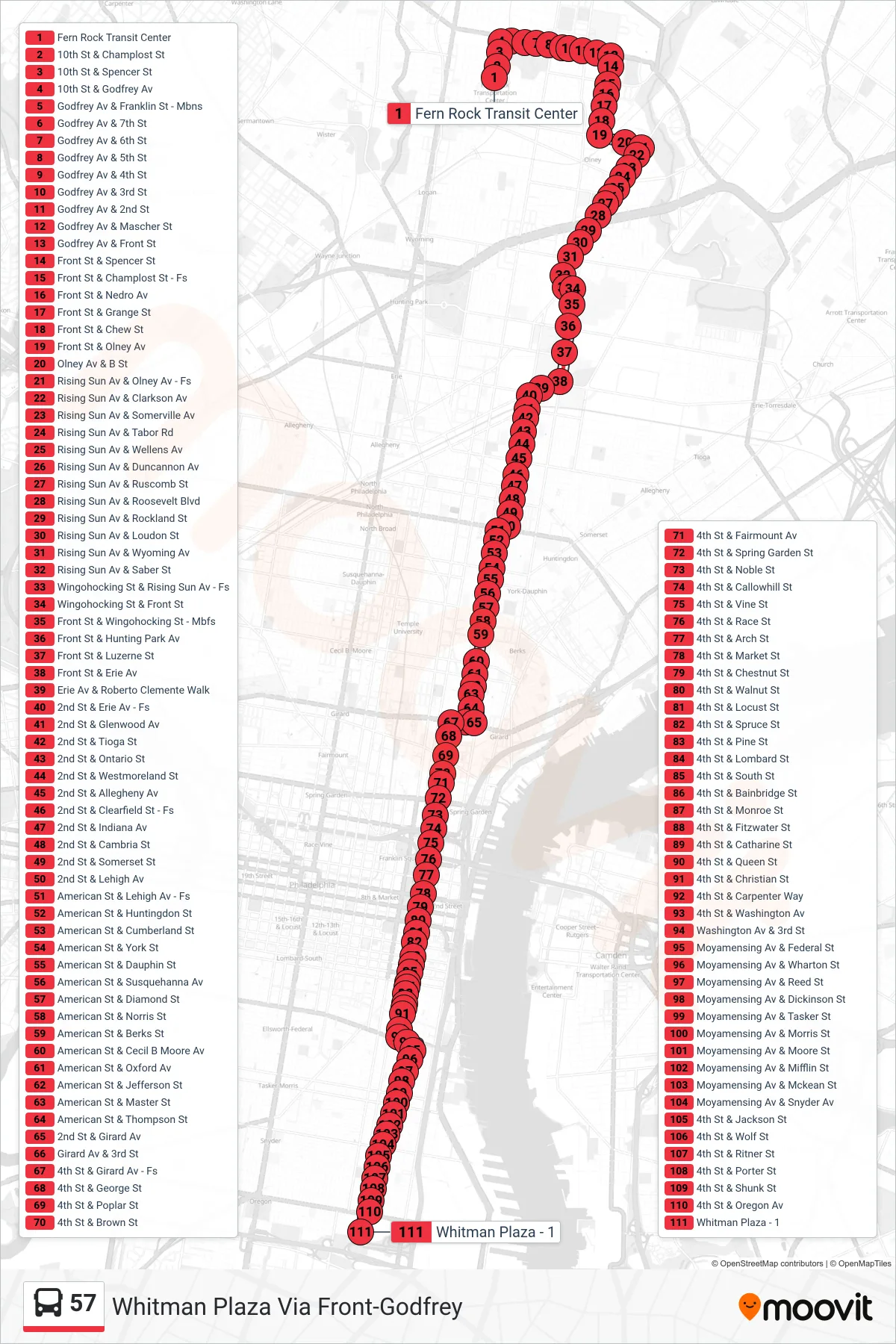 57 bus Line (Whitman Plaza Via Front-Godfrey) route and stops on a map