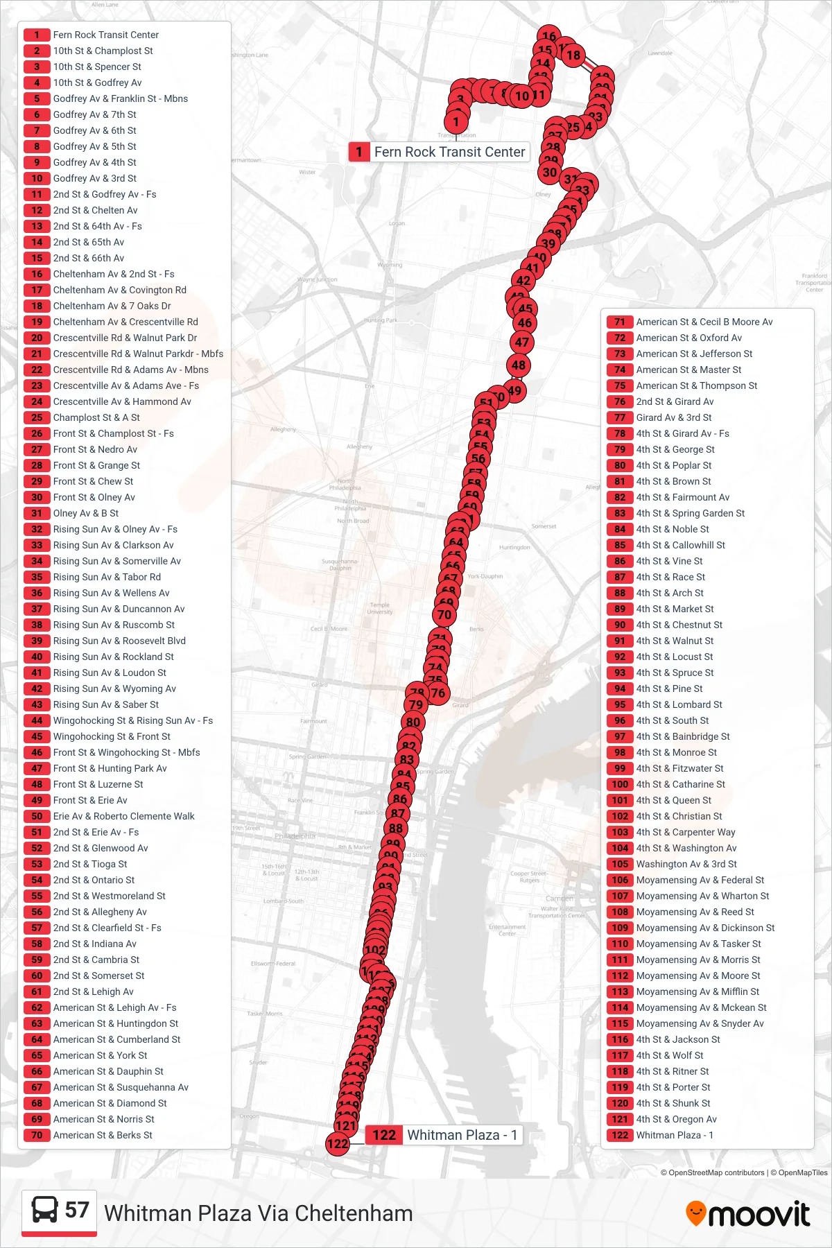 57 bus Line (Whitman Plaza Via Cheltenham) route and stops on a map