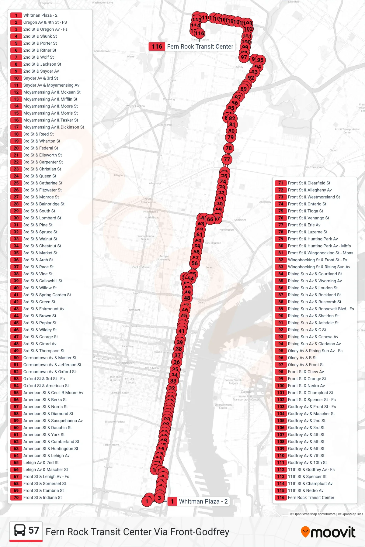 57 bus Line (Fern Rock Transit Center Via Front-Godfrey) route and stops on a map