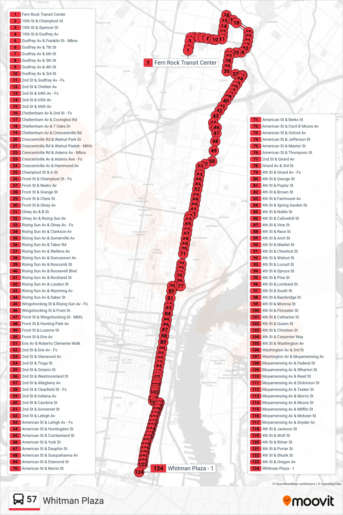 57 bus Line (Whitman Plaza) route and stops on a map