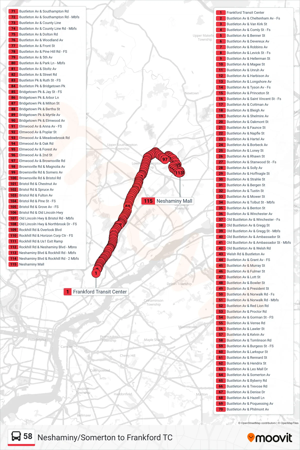 58 bus Line (Neshaminy Mall) route and stops on a map