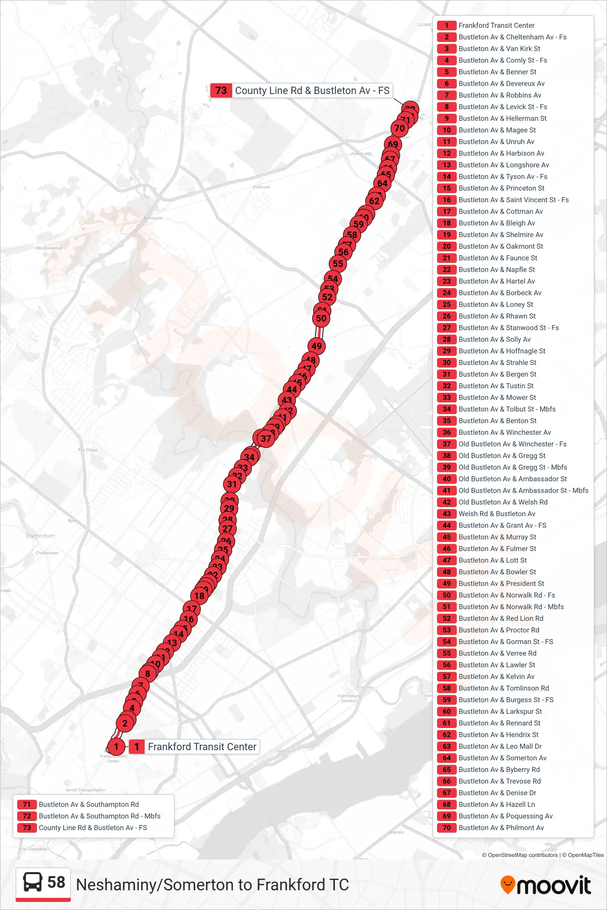 58 bus Line (Bustleton-County Line) route and stops on a map