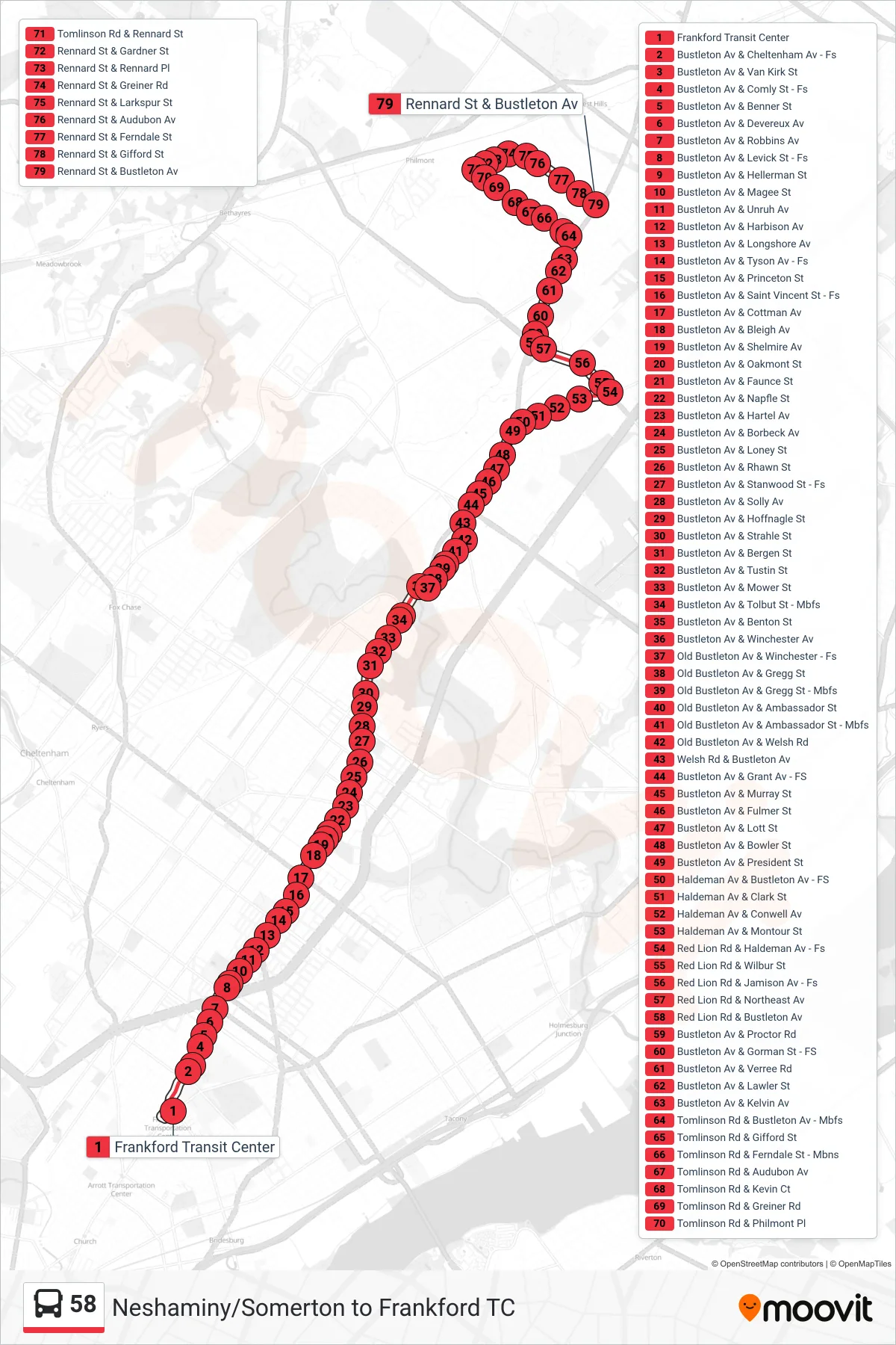 58 bus Line (Bustleton-Rennard St Via Haldeman) route and stops on a map