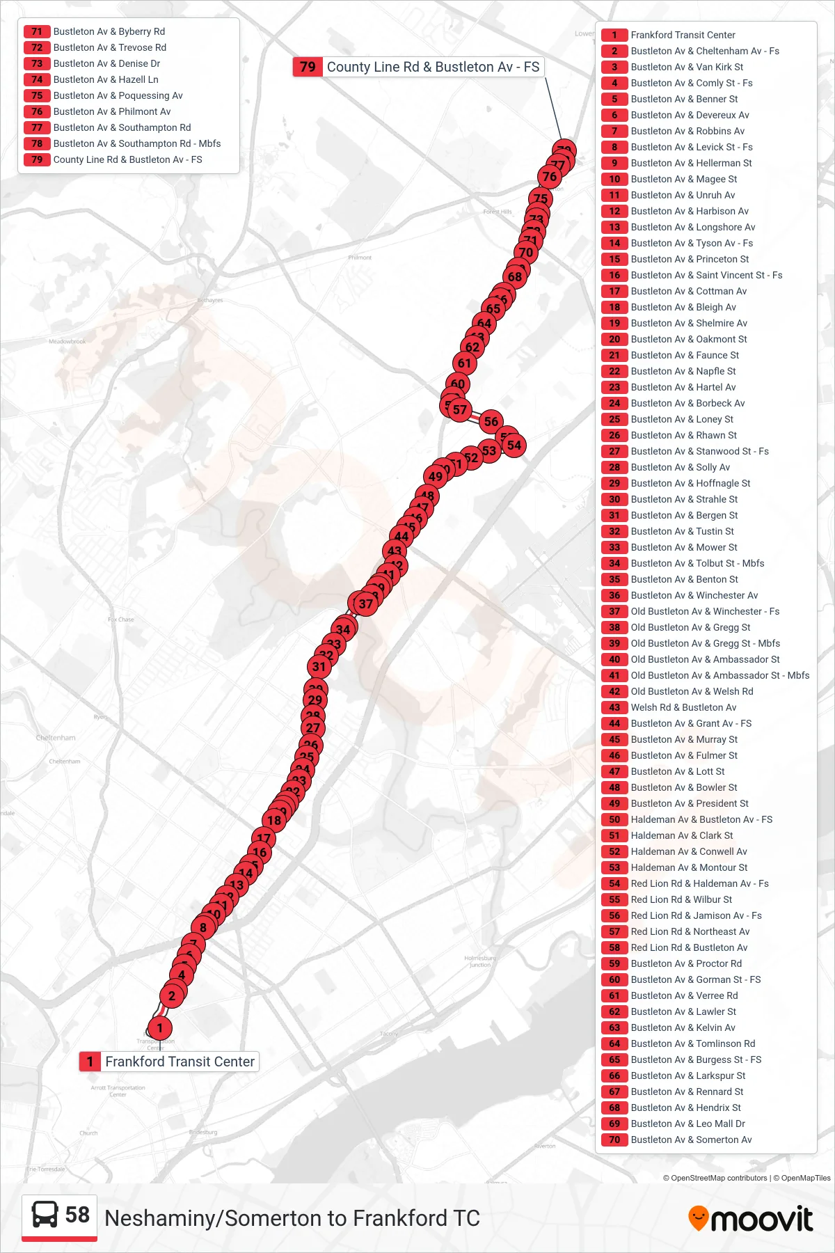 58 bus Line (Bustleton-County Line Via Haldeman) route and stops on a map