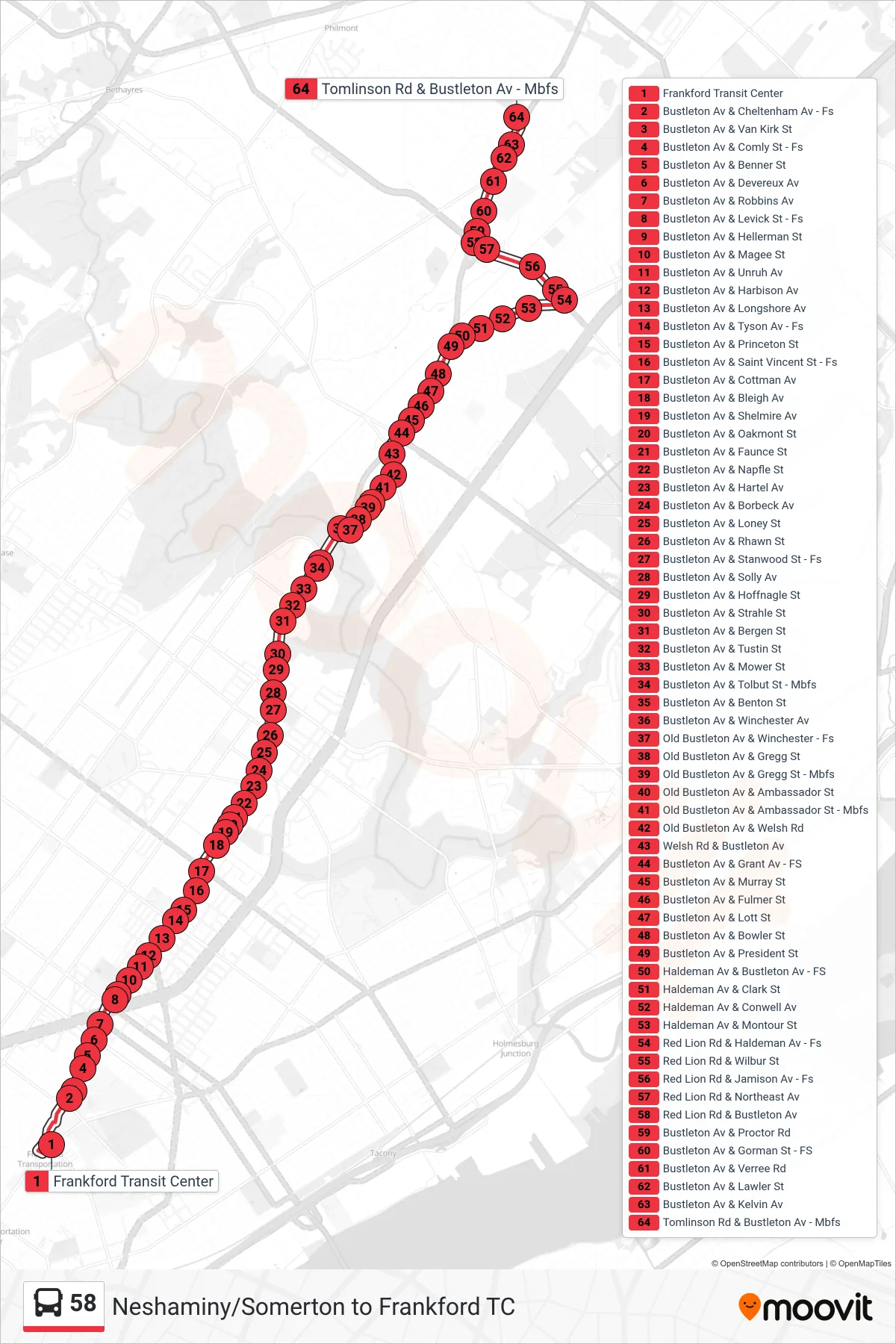 58 bus Line (Bustleton-Tomlinson Rd Via Haldeman) route and stops on a map