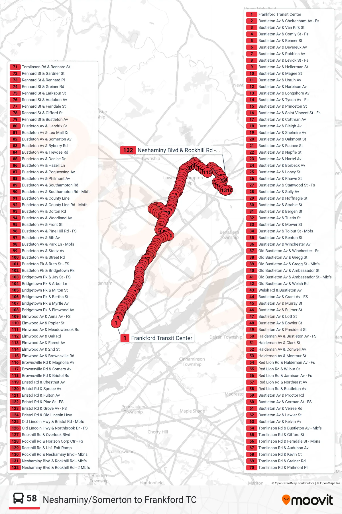 58 bus Line (Neshaminy Mall Via Haldeman-Rennard) route and stops on a map