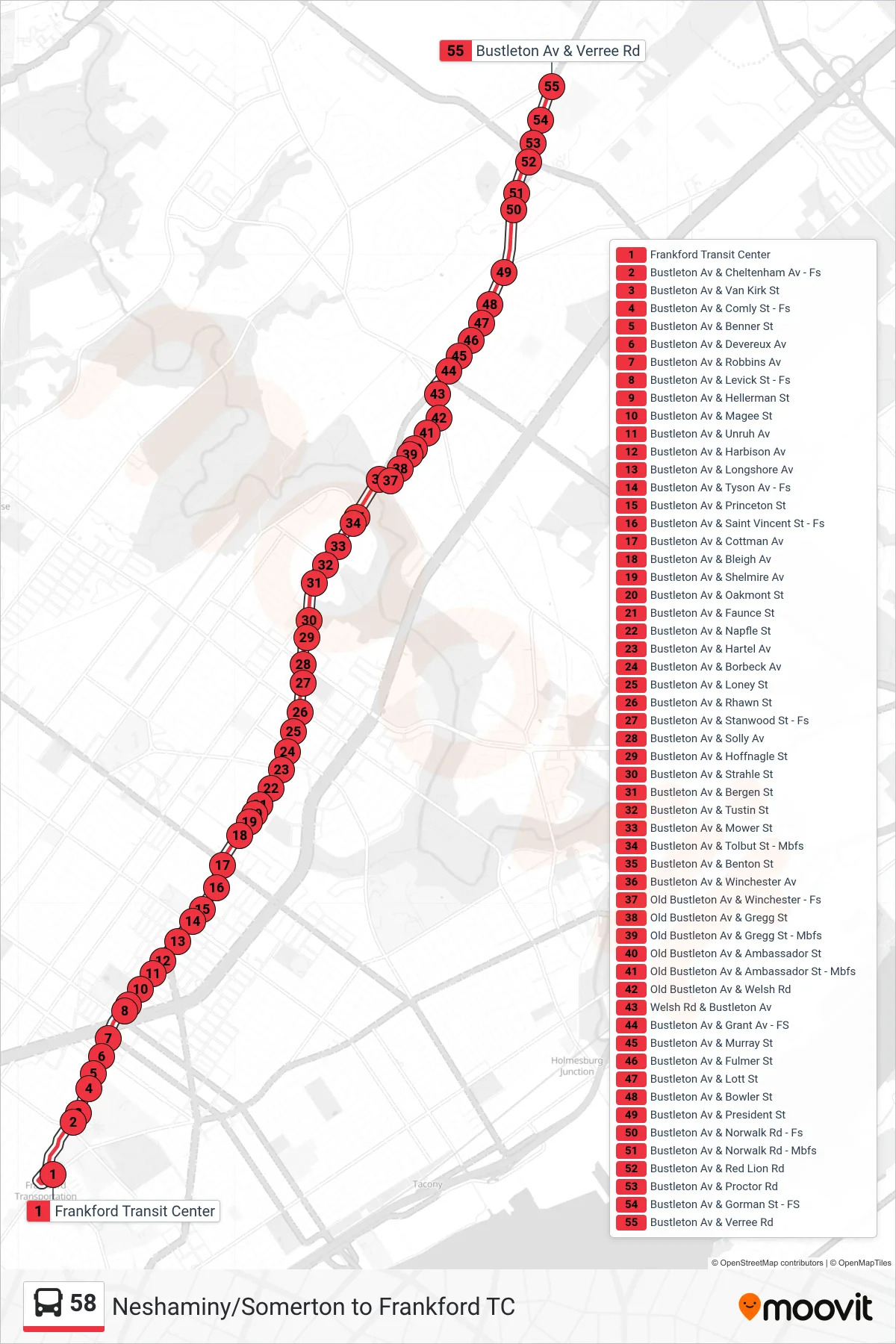 58 bus Line (Bustleton-Verree) route and stops on a map