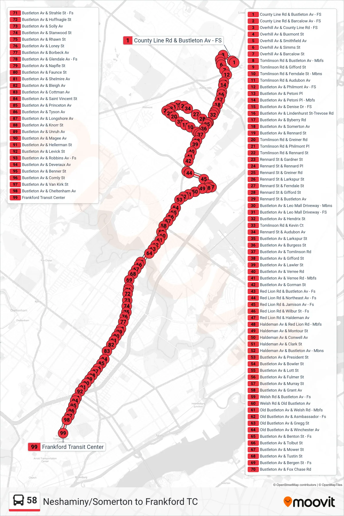 58 bus Line (Frankford Transit Center Via Haldeman) route and stops on a map