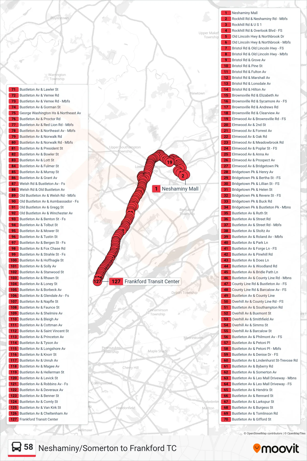 58 bus Line (Frankford Transit Center) route and stops on a map