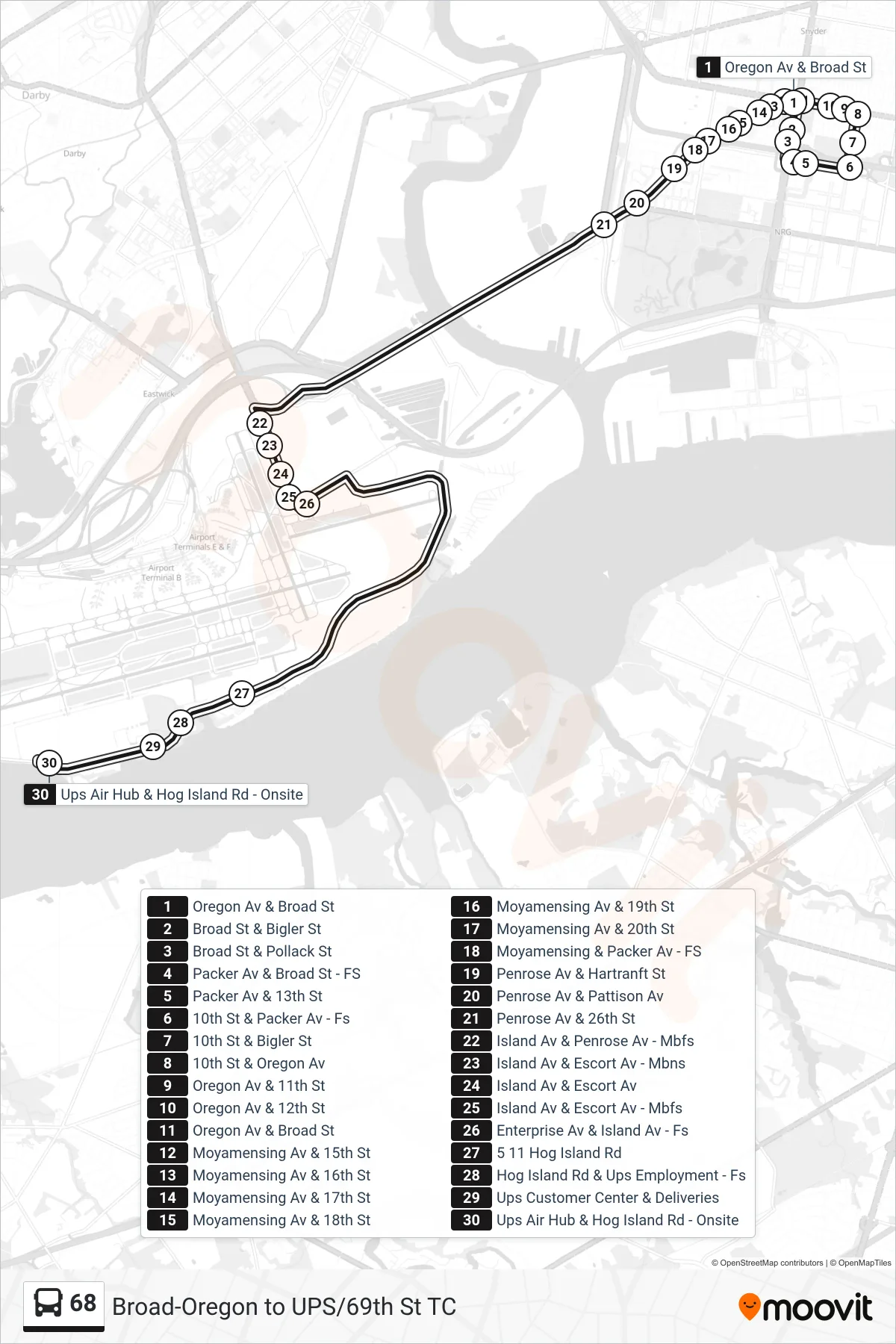 68 bus Line (Ups) route and stops on a map
