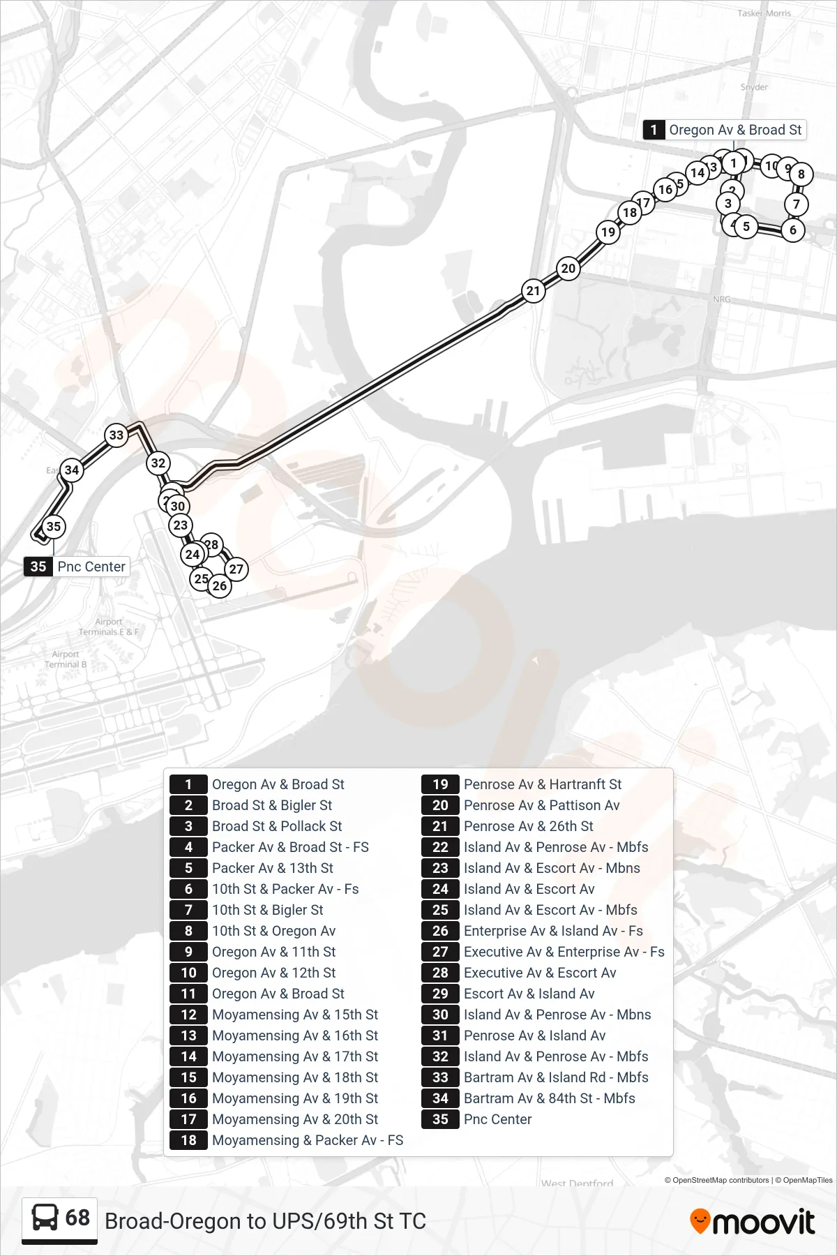 68 bus Line (Pnc Operations Center) route and stops on a map