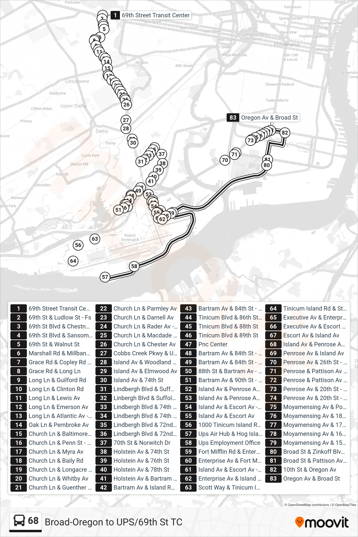 68 bus Line (Broad-Oregon) route and stops on a map