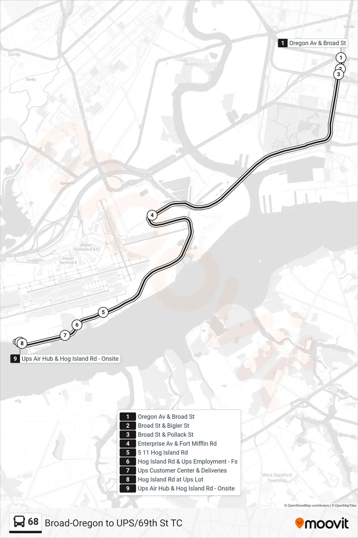 68 bus Line (Express Ups Air Hub) route and stops on a map