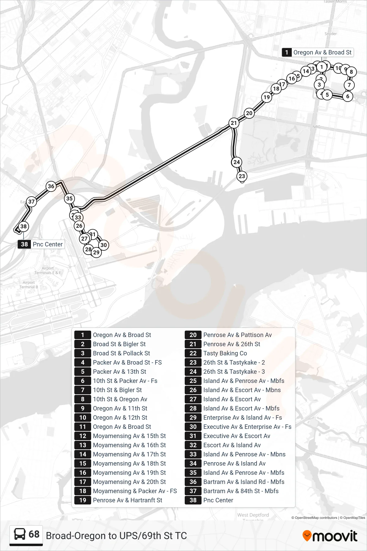 68 bus Line (Pnc Operations Center Via 26th-Langley) route and stops on a map