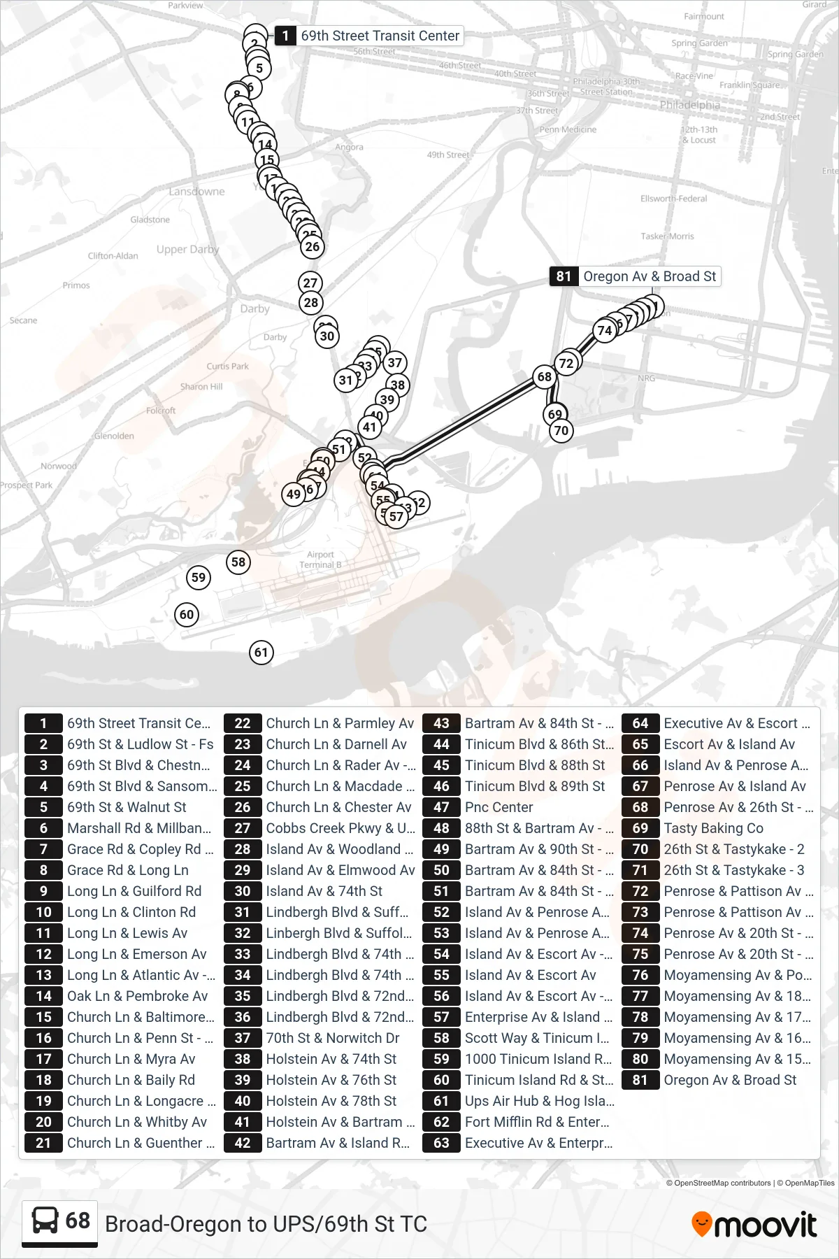 68 bus Line (Broad-Oregon Via Langley) route and stops on a map