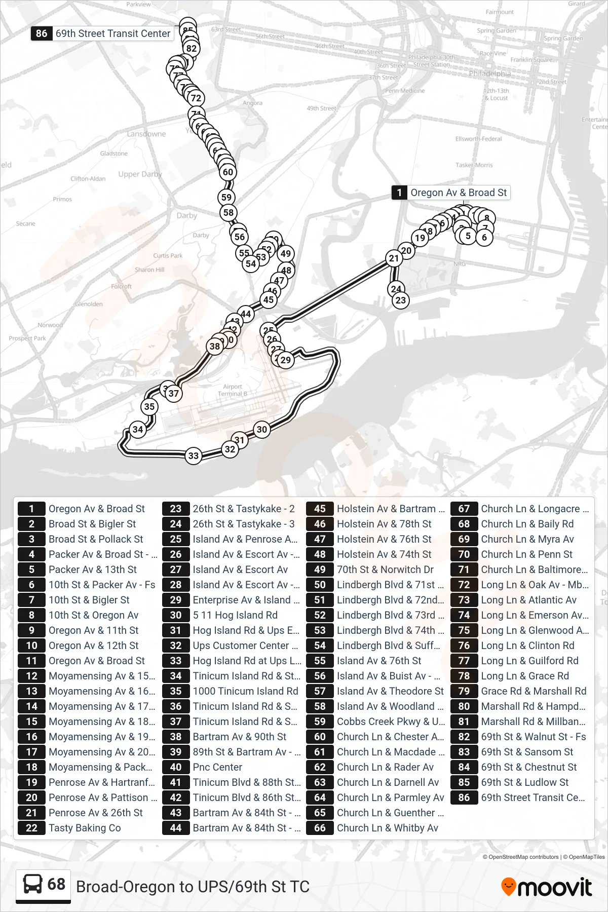 68 bus Line (69th St Transit Center Via 26th-Langley) route and stops on a map