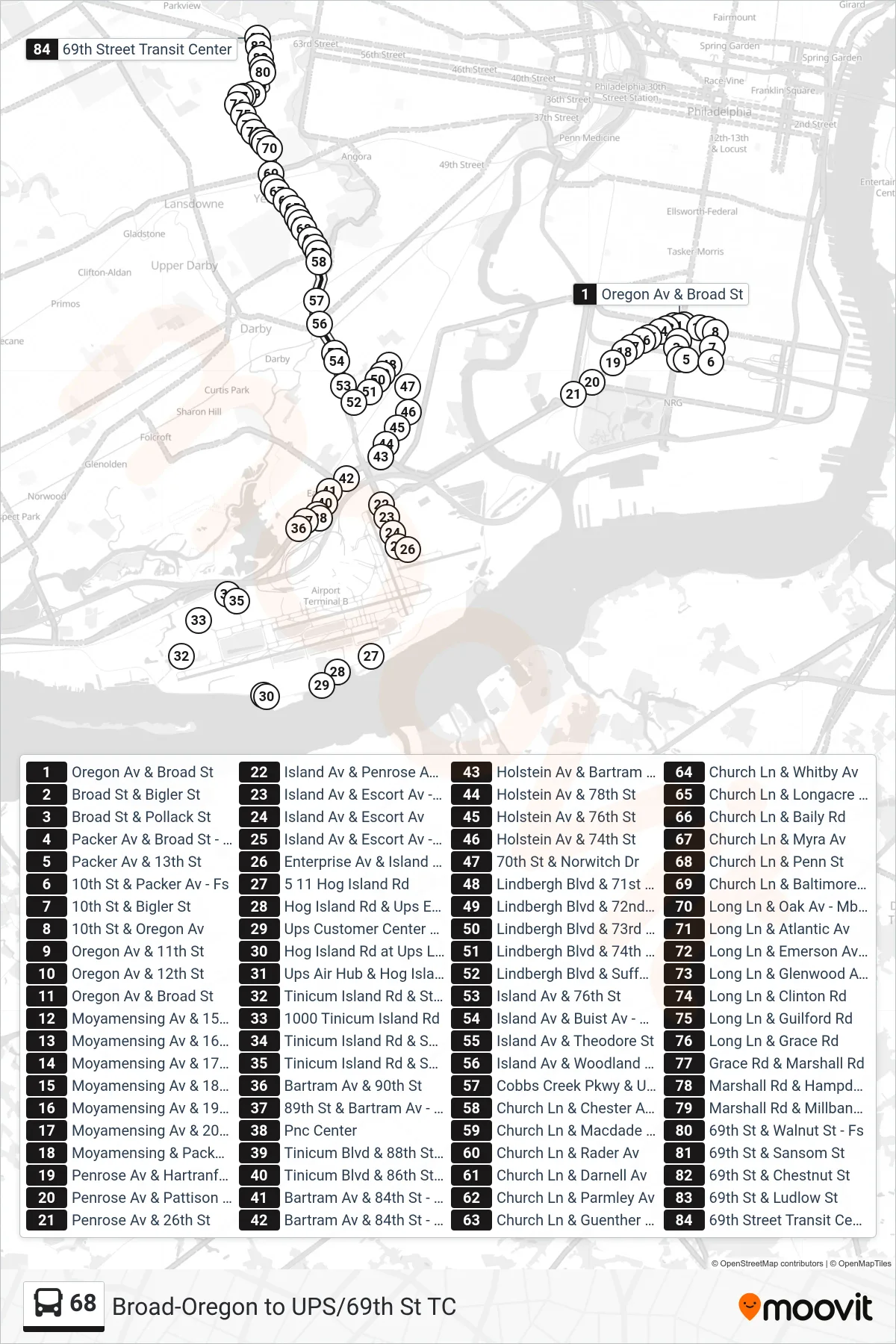 68 bus Line (69th St Transit Center) route and stops on a map