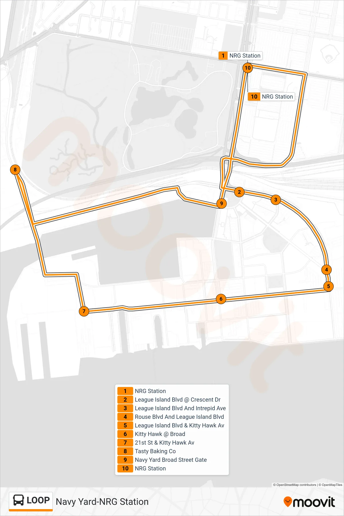 LOOP bus Line (NRG Station) route and stops on a map