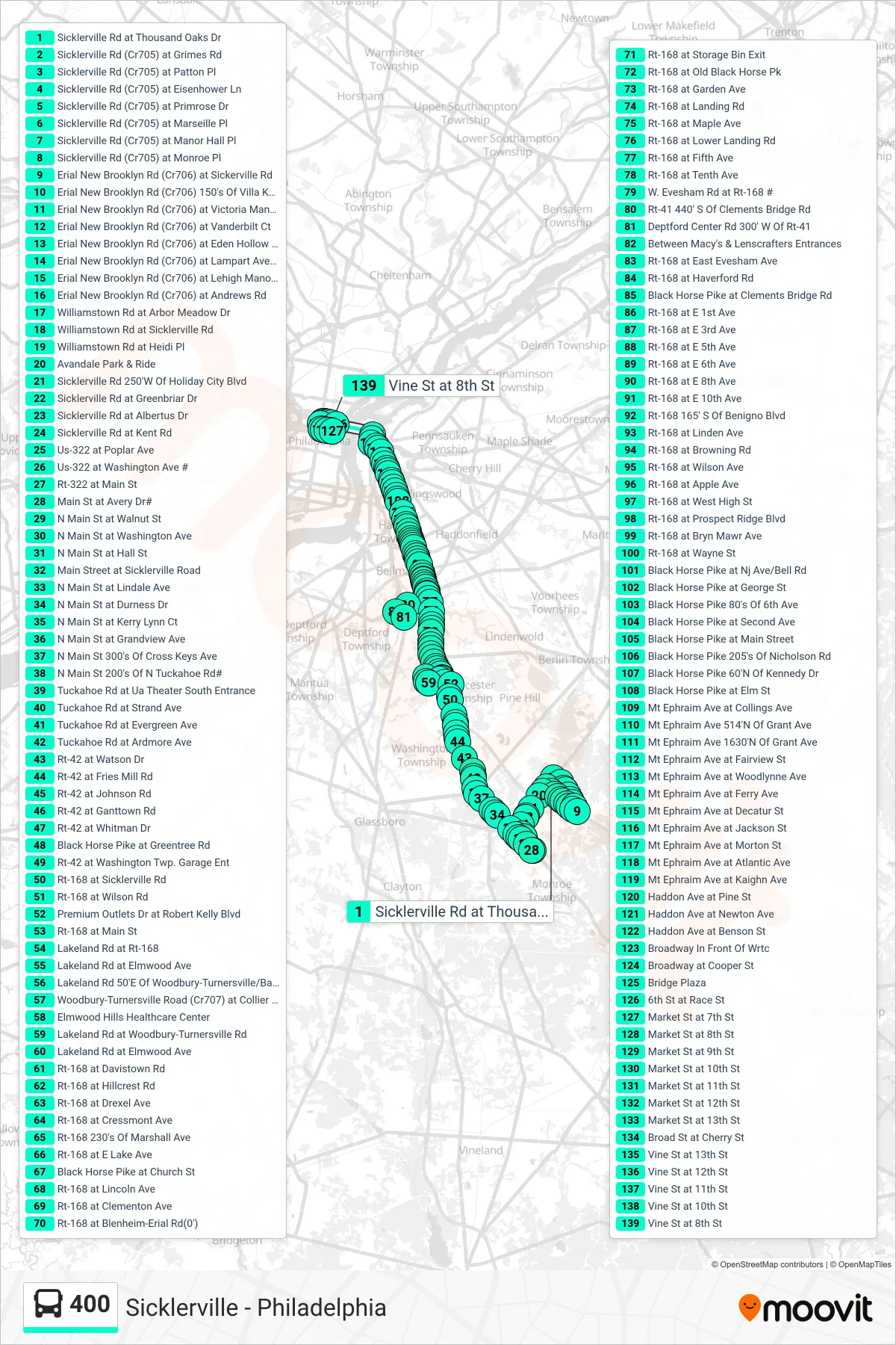400 bus Line (Philadelphia Gp Outlets Philadelphia Deptford Mall) route and stops on a map