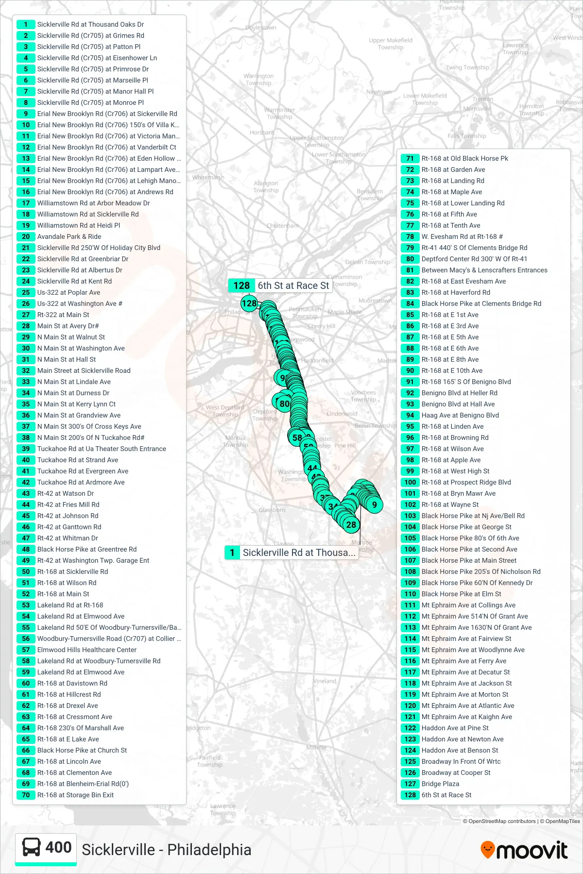 400 bus Line (Philadelphia Deptford Mall Philadelphia Belmawr Ind Pk) route and stops on a map