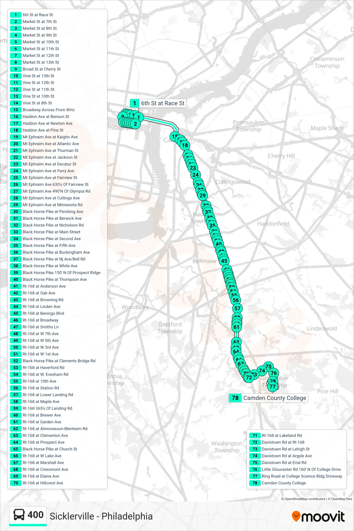 400 bus Line (Blackwood Camdn College) route and stops on a map