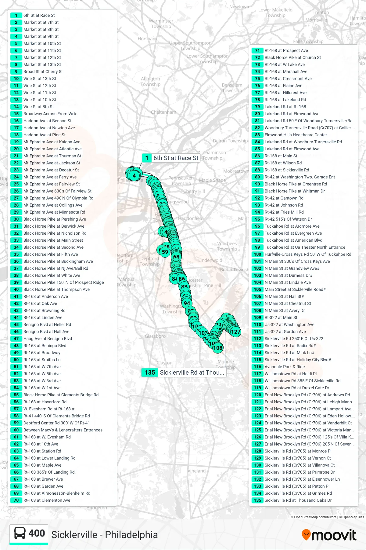 400 bus Line (Sicklerville Belmwr Ind Pk Sicklerville Deptford Mall) route and stops on a map