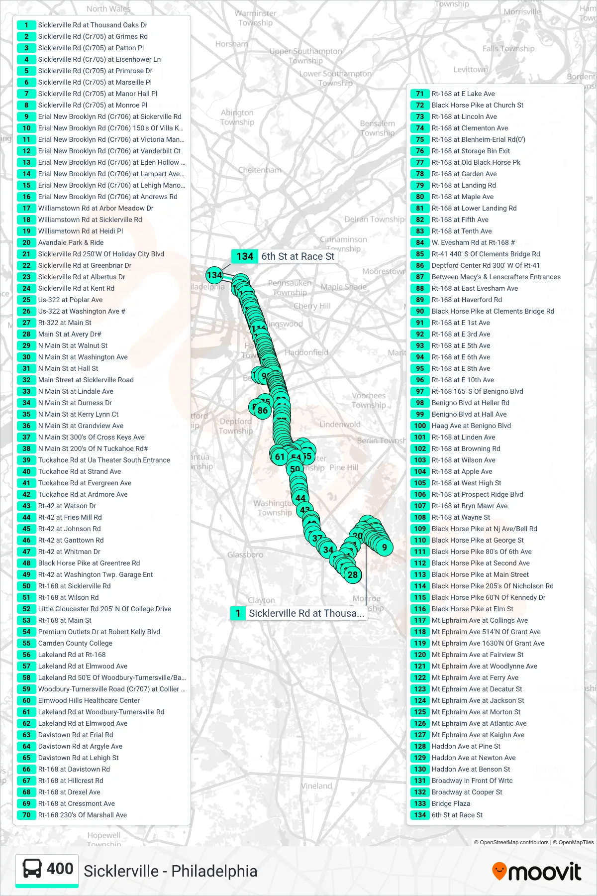 400 bus Line (Philadelphia Belmwr Ind Pk) route and stops on a map