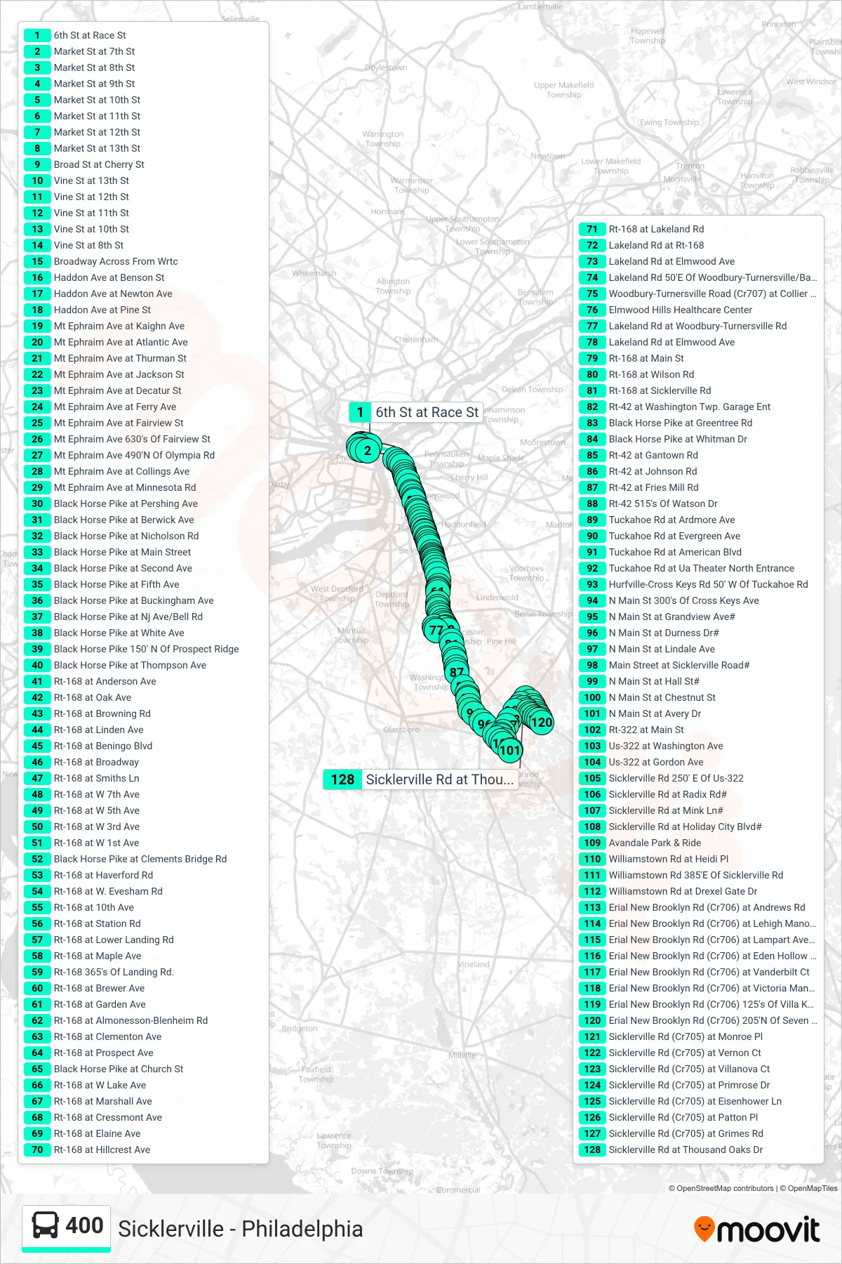 400 bus Line (Sicklerville) route and stops on a map