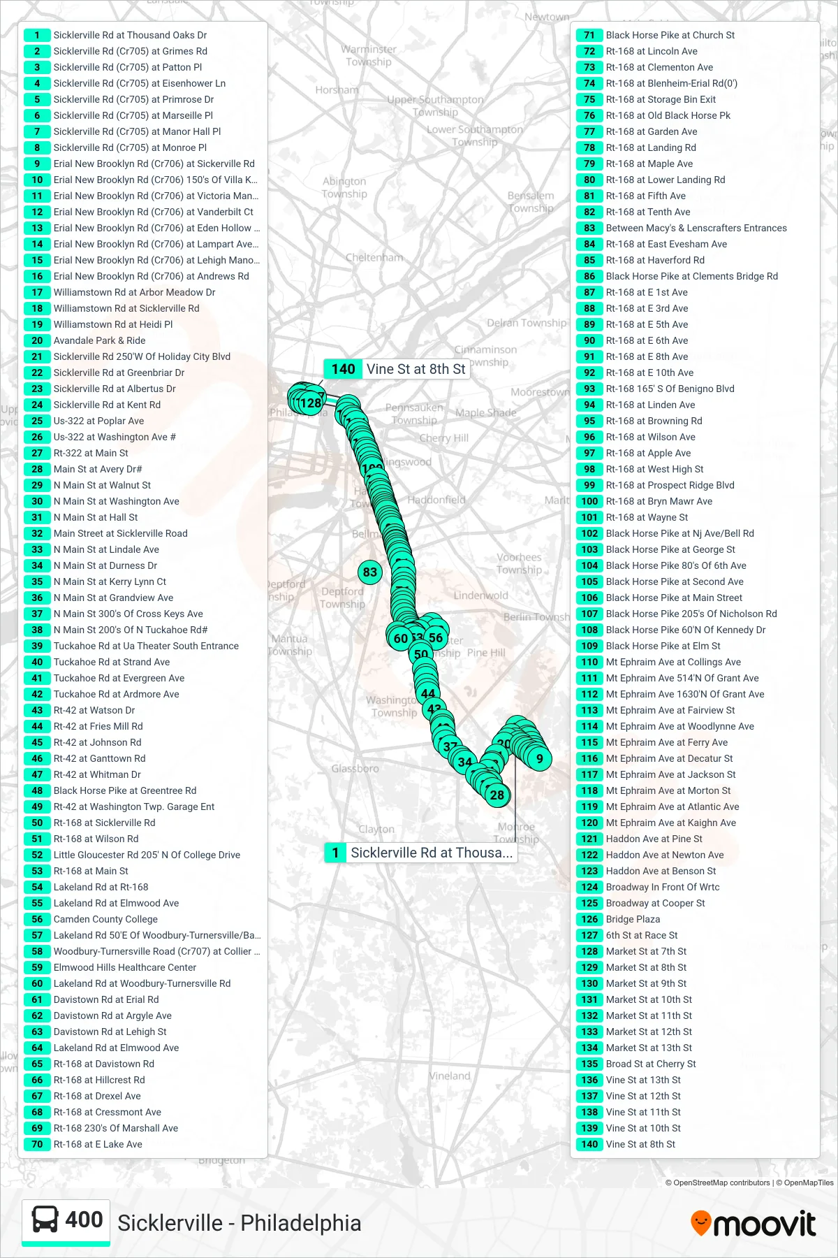 400 bus Line (Philadelphia) route and stops on a map