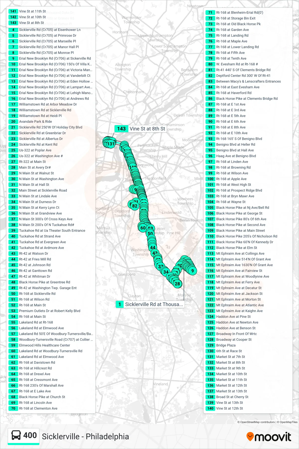 400 bus Line (Philadelphia Gp Outlets Philadelphia Deptford Mall Philadelphia Belmwr Ind Pk) route and stops on a map