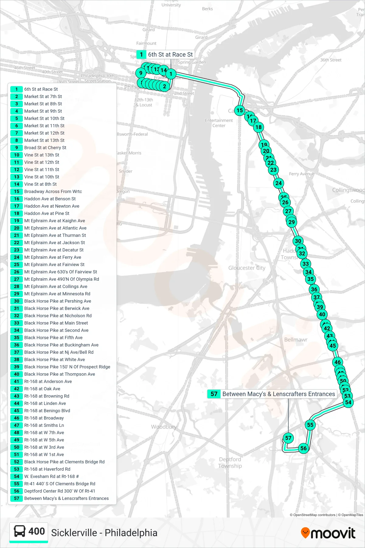 400 bus Line (Deptford Mall) route and stops on a map